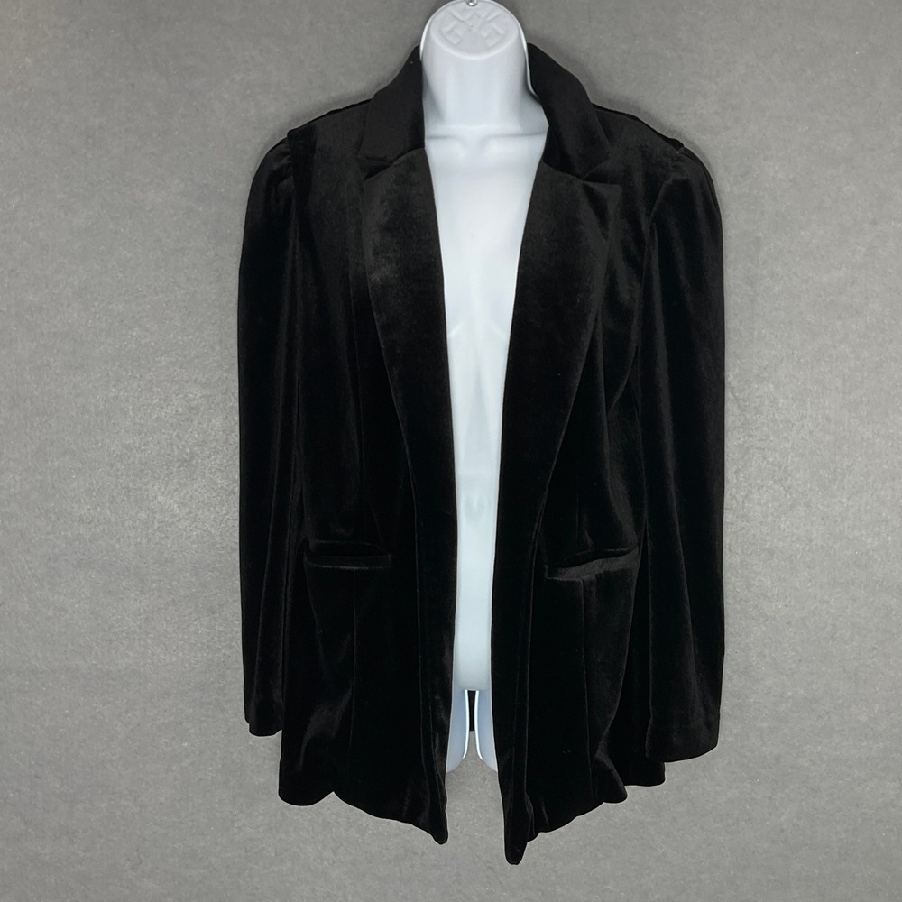 Leith Velvet Blazer Open Front Padded Shoulder Career Jacket Black Size‎ L